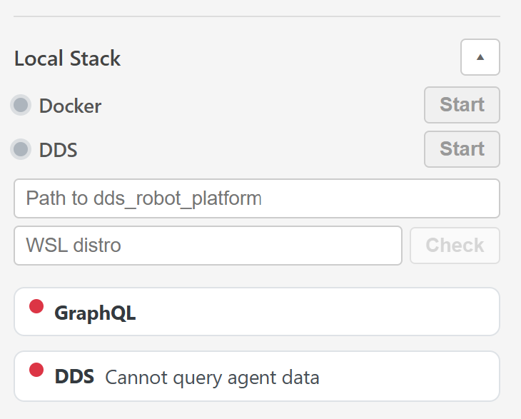 Local Stack panel with path, WSL distro, and Docker/DDS start controls